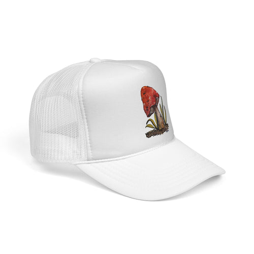 Mushroom Trucker Cap — Hand-Painted Red Toadstool Mesh Hat