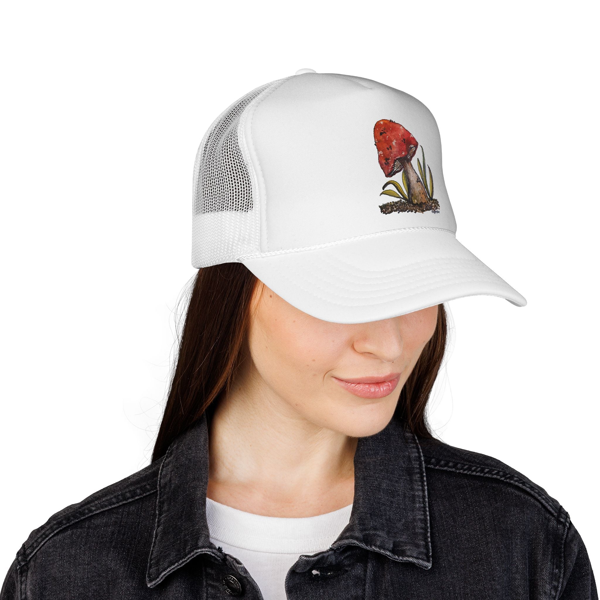 Mushroom Trucker Cap — Hand-Painted Red Toadstool Mesh Hat
